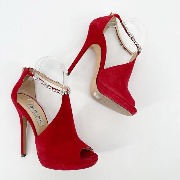 Jimmy Choo Farah Red Suede Crystal Trim Peep Toe Platform Sandal Heel IT 38.5 - Picture 3 of 14